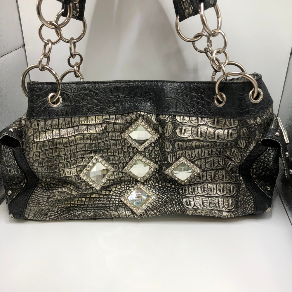 Y2K Gothic Black Silver Croc Embossed Crystal Studded Chain Shoulder Bag